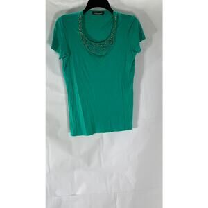 ROBERTO CAVALLI Women's Green Rhinestone Scoop-Neck Short Sleeve Top SZ S